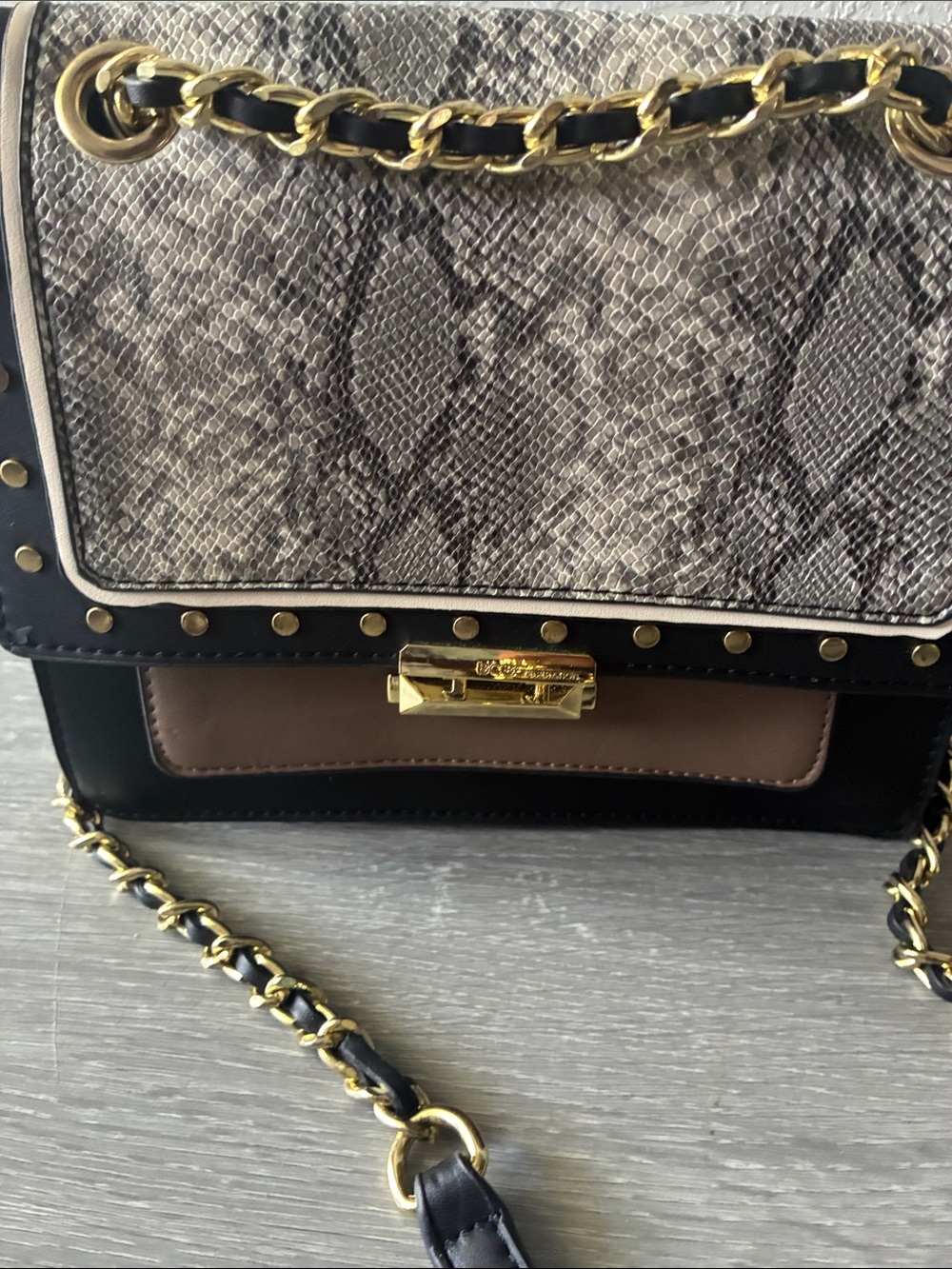 BCBGeneration Black, Brown & Snake-Print Chain Crossbody Bag